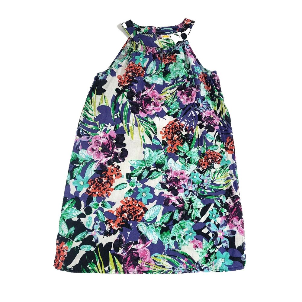 Hawaiian Linen Floral Shift Dress S C&C California Halter Keyhole Beach Resort‎